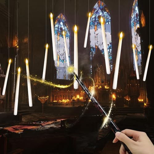 Hengrongshen Floating Candles, 12 Stück 28,2 cm Flackernde Schwebende Kerzen mit Har-ry Potter Zauberstab Fernbedienung, Har-ry Potter Kerzen & Zauberstab Fernbedienung für Halloween Dekoration