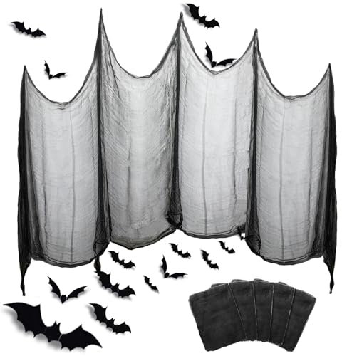 Qcdou Halloween Deko Stoff, 88 Stück Halloween 3D Fledermaus Deko, 5 Pack 190 x 80 Schwarz Gruseliges Gaze Dekogewebe, Wandaufkleber in 7 Verschiedenen Größen, Stoff Horror Outdoor Indoor Party(B)