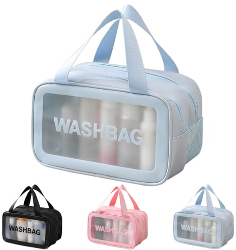Namenand Trousse de Toilette Transparente, Kit de Voyage pour l’Avion, PVC Étanche Trousse de Toilette Voyage pour Homme et Femme avec Poignée à Fermeture éclair, Séparation Sèche Et Humide - Bleu