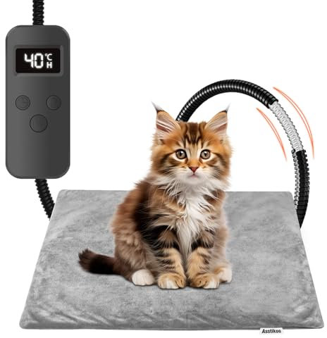 Asstikoo Pet Heating Pad,Adjustable Dog Heated Pad with 12 Level Timer and 30-55℃ Temperature,Pet Indoor Heating Blanket for Cat with Chew Resistant Cord,Long-Time Working Electric Pet Heated Mat (M)