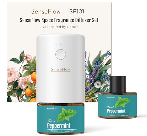 SenseFlow Aroma Diffuser für Ätherische Öle SF101, Wasserloser Ultraschall Duftstecker Raumduft, 100% pflanzlich Lufterfrischer, 120-Tage Aroma für Zuhause, Hotel - bis zu 100 m² - Pfefferminze