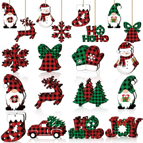 Addobbi Albero di Natale, 24 Pezzi Ciondoli Albero di Natale, Fiocchi di Neve in Legno, Gnomi Natalizi in Legno Addobbi, Decorazione dell'albero di Natale per Festa, Regalo di Natale