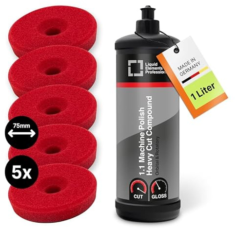 Liquid Elements Autopolitur Heavy Cut Compound 1L, inkl. 75mm Pad | Polierpaste für Autolacke, Lackaufbereitung Komplettset, Centriforce V2 Polierschwamm, ideal für alle Poliermaschinen