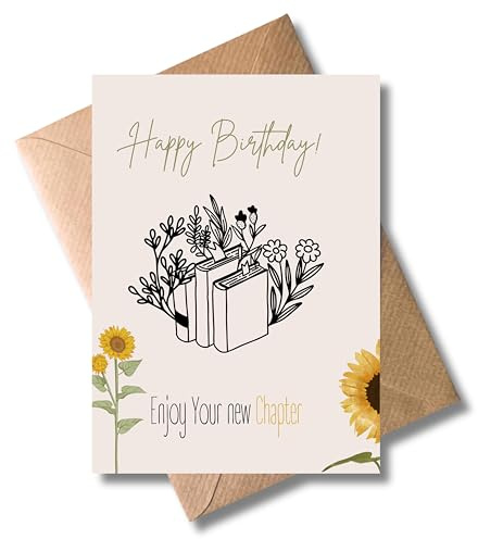 WBdesignz Geburtstags Karte mit Umschlag - Glückwunschkarte “Enjoy your new chapter Sonnenblume Geschenkkarte Karten zum Geburtstag Bücherwurm Booklovers Floral Blumen Happy Birthday Karte (Din A6)