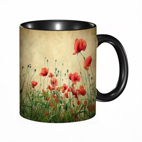 HRRASFAZF Tasse à Café | Tasse Céramique Fine | Cadeau Original | 330ml | Mug avec Anse | Cadeau Original pour Homme et Femme | Champ de fleurs de pavot rétro vintage