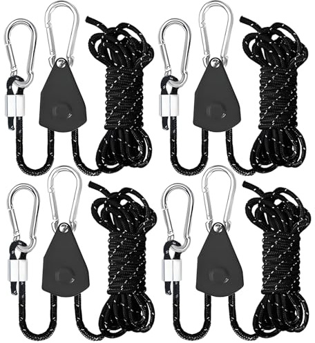 CONBOLA Camping Rope 1/8 Adjustable Rope Hanger & Pulley System with Metal Gear Heavy Duty Ratchet Tie Down Straps Camping Accessories for Tents, Tarps & Kayaks,Durable Paracord Rope for Grow Light.