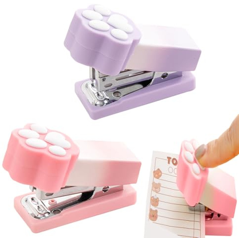 HABNI 2 Stück Mini Katzentatze Heftgerät für Kinder, 6,8 x 3,2 cm, Kawwi Hefter mit 1000 Heftklammern, zum Ordnen von Dokumenten, aus Kunststoff und Metall, Rosa & Lila