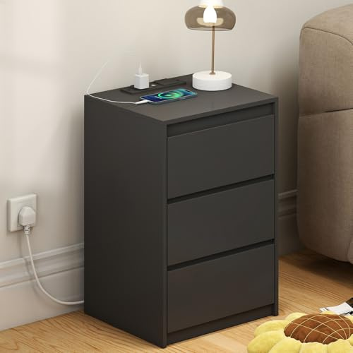 YOSHOOT Nachttisch, Beistelltisch 3 Schubladen und Steckdose, Nachtschrank 2 AC-Steckdosen, 2 USB-Anschlüsse, Schlafzimmer Arbeitszimmer Wohnzimmer, 40 * 35 * 59.5cm (Schwarz)