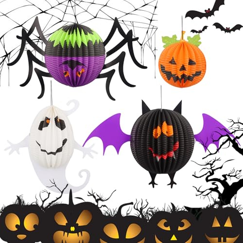 4 Stück Halloween Laternen, Lampions Kinder, Kürbis Laterne, Faltbar Lampenschirm Lampions Papier,H-alloween Papier Laternen Dekoration für Halloween/Outdoor/Junge Mädchen Kinder/Zuhause/Schule (B)