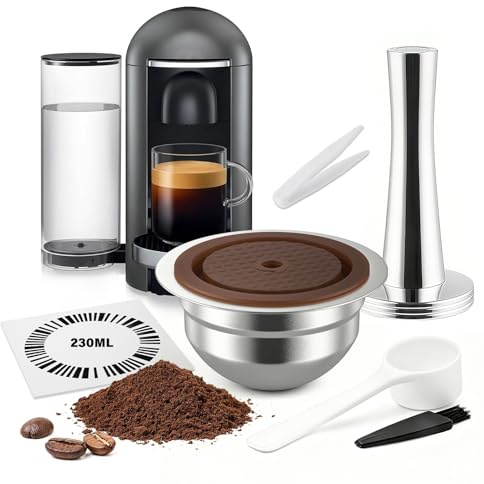 FOVNOT Reusable Stainless Steel Coffee Capsule for Nes-resso Ve-tuo, 230mL Refillable Pod with Food Grade Silicone Lids and 41mm Tamper, Compatible with Ve-tuo Plus/Pop/Next Machines