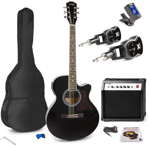 MAX ShowKit Elektro Akustik Gitarre Set mit Verstärker 40 Watt, Gitarrentasche, Gitarrenstimmgerät, Kabel, Plektrum und Sender & Empfänger, E Akustikgitarre mit Tonabnehmer - Schwarz