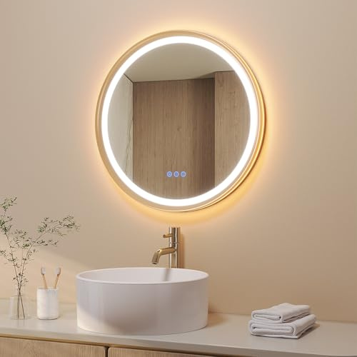 AQUABATOS Badspiegel mit Beleuchtung Rund 60 cm Aluminiumrahmen Schrägdesign Gebürstetes Gold direkter und indirekter LED-Beleuchtung Antibeschlag Touch Schalter dimmbar für Wandschalter