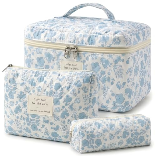 3er Set Kosmetiktasche, kulturtasche Damen mit Blumenmuster, Gesteppte kulturbeutel Make Up Tasche Reise, Tragbare Schminktasche Makeup Bag für Mädchen Frauen, Organizer Waschtasche