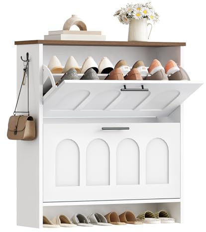 HOOBRO Zapatero para Entrada con Puertas Abatibles, Mueble Armario Zapatero Estrecho, Gabinete de Zapatos con Puertas con Arcos, Estantes Ajustables, para Pasillo, Blanco y Nogal EWH42SC01