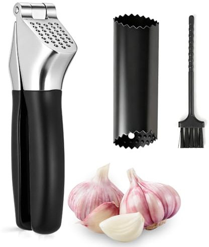 VINATO Prensa Ajos 3 en 1, Machacador de Ajos Manual con Pelador y Cepillo, Picador Ajo de Aleación de Zinc y Nylon, Utensilio de Cocina para Ajos Frescos, Negro