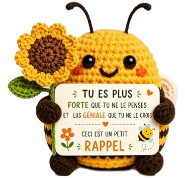 Tournesol Crocheté Avec Abeille Positive, Porte Bonheur, Cadeau Femme Anniversaire Avec Message Inspirant, Abeille Decoration Fait Main, Cadeau Anniversaire Femme Original Pour Amie Copine Épouse