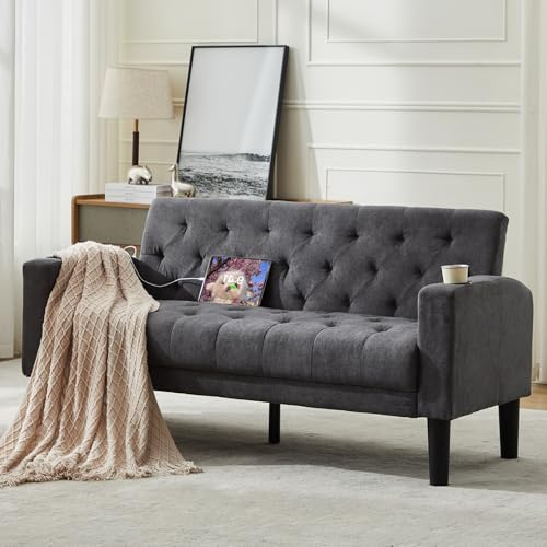 GRAVFORCE Sofa 2 Sitzer Couch mit 2 Ladeports (1, Dunkelgrau, Sofa) | 151cm 2er Sofa Klein mit Becherhaltern, Moderne Couch für Jugendzimmer, Wohnzimmer, Wohnung, Büro, Einfache Montage