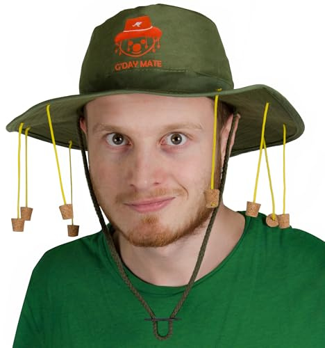 Australia Cork Hat - Pack Of 1 - Green Hat with Orange Koala Badge and Hanging Corks - Australian Fancy Dress Costume Accessory Australia Day Accessory