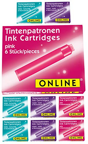 Online 17032 Standard-Tintenpatronen Bunt im Vorteilspack, universelle Füller-Tinte, kompatibel mit allen Standard-Füllern, Ersatz-Patronen für Füllhalter und Rollerball, Farbe türkis/pink/violett