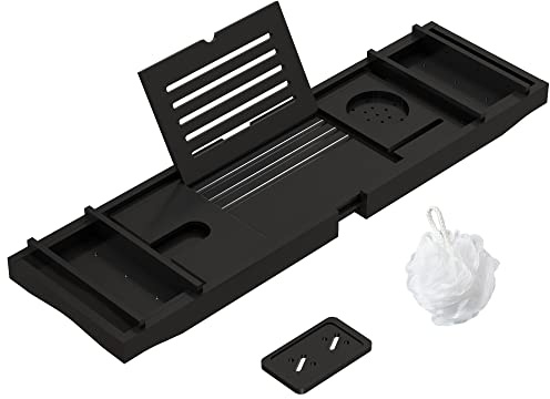 Bamboo Bathtub Tray for Luxury Bathroom, Expandable Premium Bath Tray w/Soap Towel Book Holder, Adjustable Bath Accessories for Tub,Extendable Tub Tray with Wine Glass Cup Organizer 29.5-43.3 Black
