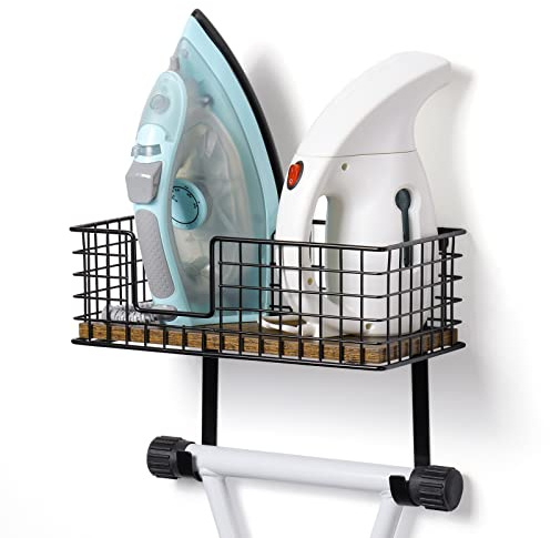 YBING Support mural pour planche à repasser et planche à repasser avec étagère en fer avec base en bois marron et crochets amovibles pour la buanderie