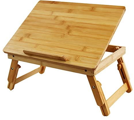 WKWKER Bambus Laptop Schreibtisch Mit Klappbaren Beinen, Kippbarer Oberfläche, Arbeitsplatztisch, Verstellbarer Laptop Stand, Bettablage Für TV-Sofa, Arbeitscomputer, iPad Buch (Natürlich)