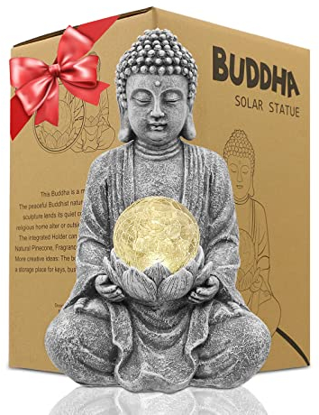 Yeomoo Meditation Statue de Bouddha Decoration Jardin Exterieur -Jardin Zen Figurine de Boudha Idee Cadeau Femme Maman,Lampe Globe Solaire avec Décoration en Verre pour Balcon,Patio,Porche Gris 26.5cm