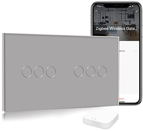 BSEED Interruptor Tactil ZIGBEE Sin Neutro,Vidrio Panel con luz Piloto,Compatible con Alexa/Tuya/Smart Life,Requiere Hub,3 Gang 1 Vía,157mm Gris