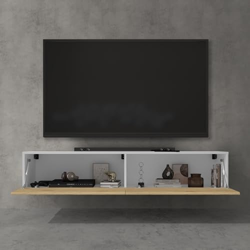 doporro TV Lowboard Schrank mit Gasdruckfedern Fernsehschrank hängend | TV Board mit Klapptür, viel Stauraum, Wand Fernsehtisch in Matt Weiß und Kerneiche, Breite: 160 cm, Fernsehschrank02