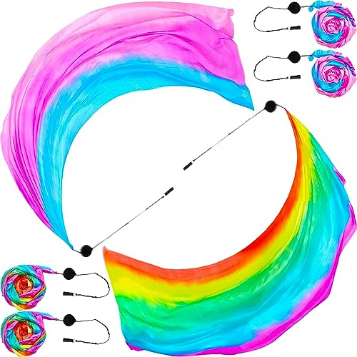 Jenaai 4 Sets Belly Dance Colorful Veil Poi Scarf Poi Streamer with Poi Balls Silk Poi for Stage Props (Fresh Color,78.74 x 31.5 Inches)