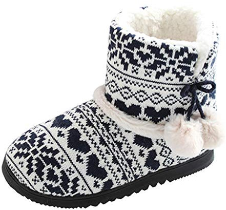 FGUUTYM Pantuflas de invierno cálidas para mujer, botas cálidas, zapatos con pompones, botas de nieve para mujer, botas de cabaña, diseño navideño, zapatillas cálidas, botas de casa para mujer,