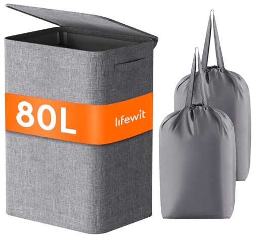 Lifewit Cesto Ropa Sucia con Tapa 80L, Cesta Ropa Sucia con Bolsa Extraíble, Laundry Basket, Cesta de Almacenamiento, Cubo Ropa Sucia Plegable para Baño, Dormitorio, Lavadero, Gris