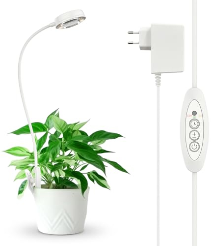SANSI Pflanzenlampe LED Vollspektrum Pot-Clip Pflanzenlicht für Zimmerpflanzen, Pflanzenwachstumslampe mit 3/6/12 Std Timer, 4 Helligkeitsstufen, 10W Wachstumlampe für kleine Pflanzen, Weiß 1er-Pack