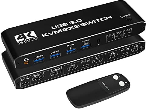 KVM Switch 2 Monitors 2 Computers 4K 60HZ, 2 PC 2 Monitor Switch, HDMI KVM Switch Dual Monitor, USB Switch 2 in 2 Out with Cables, Support USB 3.0,HDCP2.2, Hotkey,Extended And Mirror Display