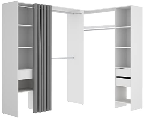 DEKIT GRUPO RIMOBEL SUIT - Composizione di Cabina Armadio angolare con due colonne, zona con barre appendiabiti e tenda - Bianco - 205 x 164-214 x 141 cm