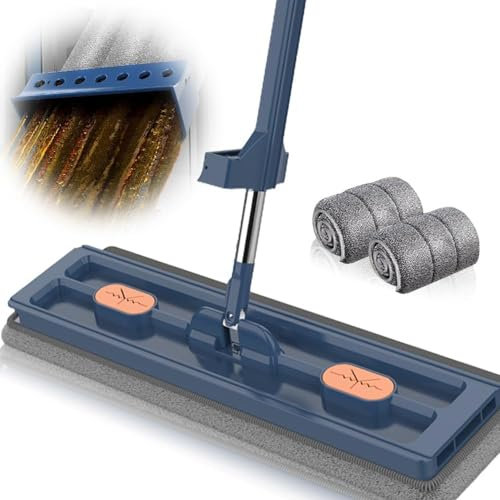 2024 Trapeador Plano Grande, Trapeador Giratorio 360° con Raspador Deshidratación Almohadillas Microfibra Lavables, Trapeador Mango Largo Acero Inoxidable, Trapeador Húmedo Y Seco ,Azul,Mop+2 Pads