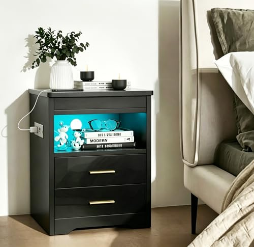 Chleby Lucido Comodino con serratura Armadietti Comodini con presa e striscia luminosa LDE Cassettiera Armadietto portaoggetti Tavolino con 3 cassetti per Camera da letto Soggiorno Nero