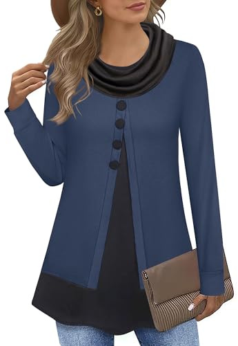 Datuhao Damen Tunika Langarm Elegant Pullover Damen Feinstrick Verspielt Longpullover Winter Tunika Falten A-Linie Pullover Curvy Warm Locker Sweatshirt mit Schalkragen Longhoodie