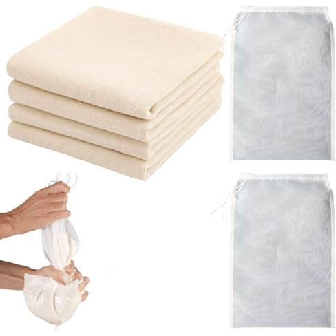 6 Stück Passiertuch Set, 4 Stück Baumwolle Passiertücher Waschbar und 2 Stück Nussmilchbeutel Nylon, Filtertuch Wiederverwendbar zum Sieben von Saft Käse Tee Nussmilch Suppe Joghurt Tofu Butter