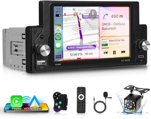 Hodozzy Single Din Car Stereo with Apple Carplay Wireless Android Auto, 5.9 inch HD IPS Touchscreen 1 Din Car Radio with Bluetooth 5.0/EQ Audio/SWC/HD Camera+USB/Type-C Ports+Remote Control