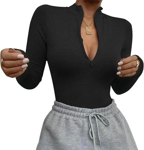 Risipu Body Damen Langarm Elegant Bodysuit mit Reißverschluss Stretch & Druckknöpfe,Unterziehbody,Long Sleeve Oberteil Sexy & Bequem für jede Gelegenheit,Bodys Für Damen (Schwarz, L)