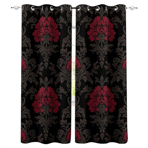 Genérico cortinados Quarto 175X280cm(HxB) Textura Floral Roja Cortina acustica Cortinas térmicas Blackout con Ojales, poliéster Estampado para Dormitorio Acogedor E24-4-2051