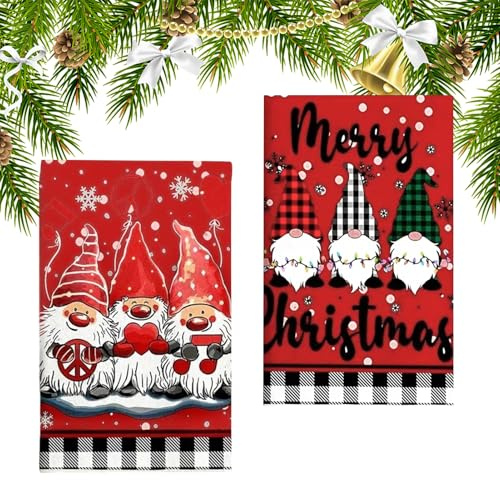 Geschirrtuch Weihnachten Wichtel, Geschirrtücher Weihnachten 2er Set, 40 x 60 CM Geschirrtücher mit Weihnachtsmotiven, GeschirrhandtücherWeihnachten, Christmas Kitchen Towels, WeihnachtenKüchentücher