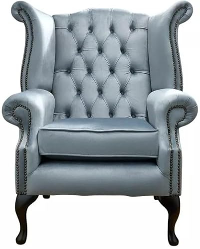 Chesterfield - Silla Queen Anne de respaldo alto, terciopelo gris platino, sillón con respaldo alado hecho a mano con botón profundo, ribete de cabeza de clavo y patas de caoba de madera maciza