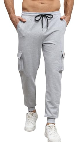 Curluriy Herrjoggingbyxor jogging cargobyxor gym joggingbyxor sportbyxor med fickor elastisk midja, Grå, M