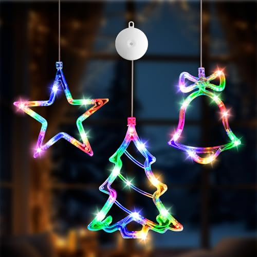 3Pcs Christmas Window Lights Decorations, Battery Powered Multicolor LED Xmas Lights, Christmas Tree Bell Star Ornaments LED Sucker for Xmas Window Decor Home Wall Door Holiday Display