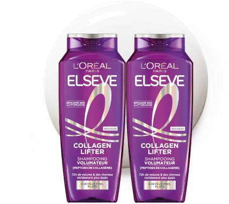 L'Oréal Paris - Shampooing Volumateur - Cheveux Fins & Plats - 2x Plus de Volume 72H - Enrichi en Peptides de Collagène - Sans Silicones - Elseve Collagen Lifter - 2 x 250 ml