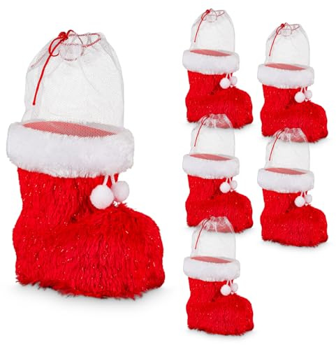Idena 90393 - Nikolausstiefel ca. 14 x 8 x 13,5 cm, 6 Stück Weihnachtsstiefel mit Filzbezug und Fellbesatz, als Weihnachtsdekoration oder Geschenkverpackung
