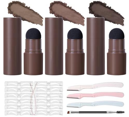 Kit De Tampons À Sourcils De Poudre À Sourcils, Imperméable Réutilisables,Avec 12 Pcs Pochoir Sourcil,3 Poudre Couleurs,1 Pinceau,3 Tondeuse À Sourcil Pour Les Sourcils,La Ligne Des Cheveux