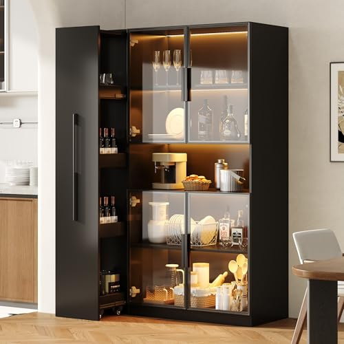 BTM Glasvitrine mit LED Beleuchtung und Ausziehbar Regal, Vitrinenschrank Stehend Küchen/Wohnzimmer Schrank, Schwarz